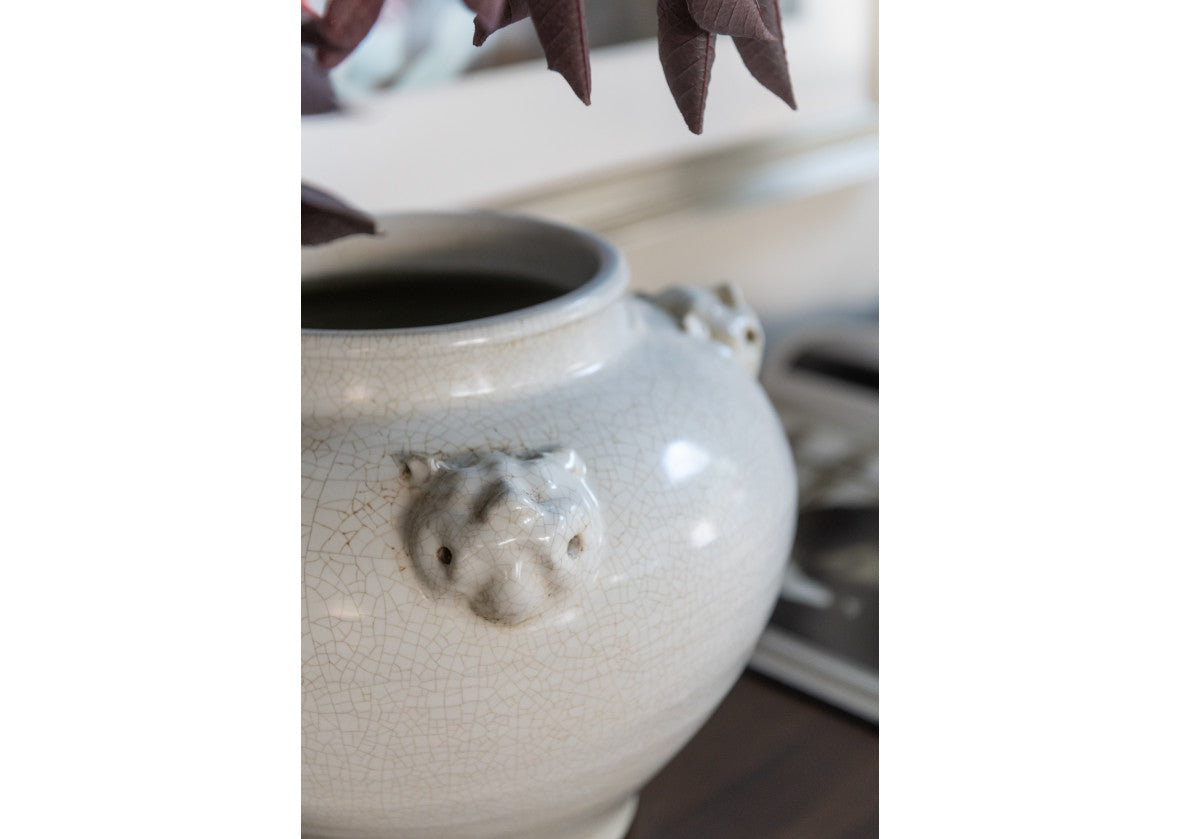 very close picture of the anges white jar from alice lane.