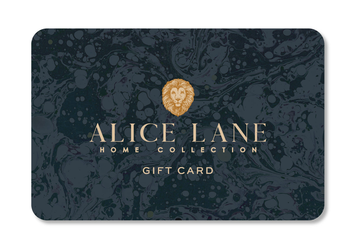 Alice Lane Home Collection gift card with a dark teal marbled design and gold lion emblem