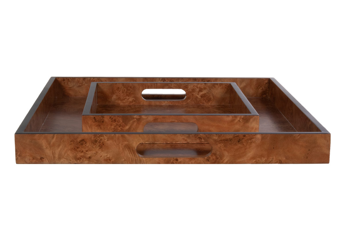 a top down pic of the small and large rectangle burled trays sitting inside of each other.