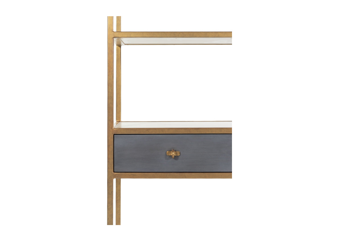 albert etagere close up of gray drawer with brass hardware.