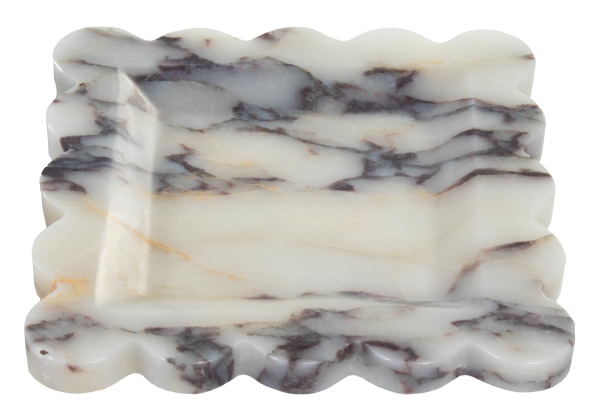 amore tray made of calacatta viola marble, in the shape of a stamp.
