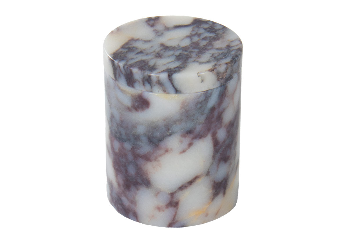 product picture of gemma canister against white background. made of calacatta viola marble.