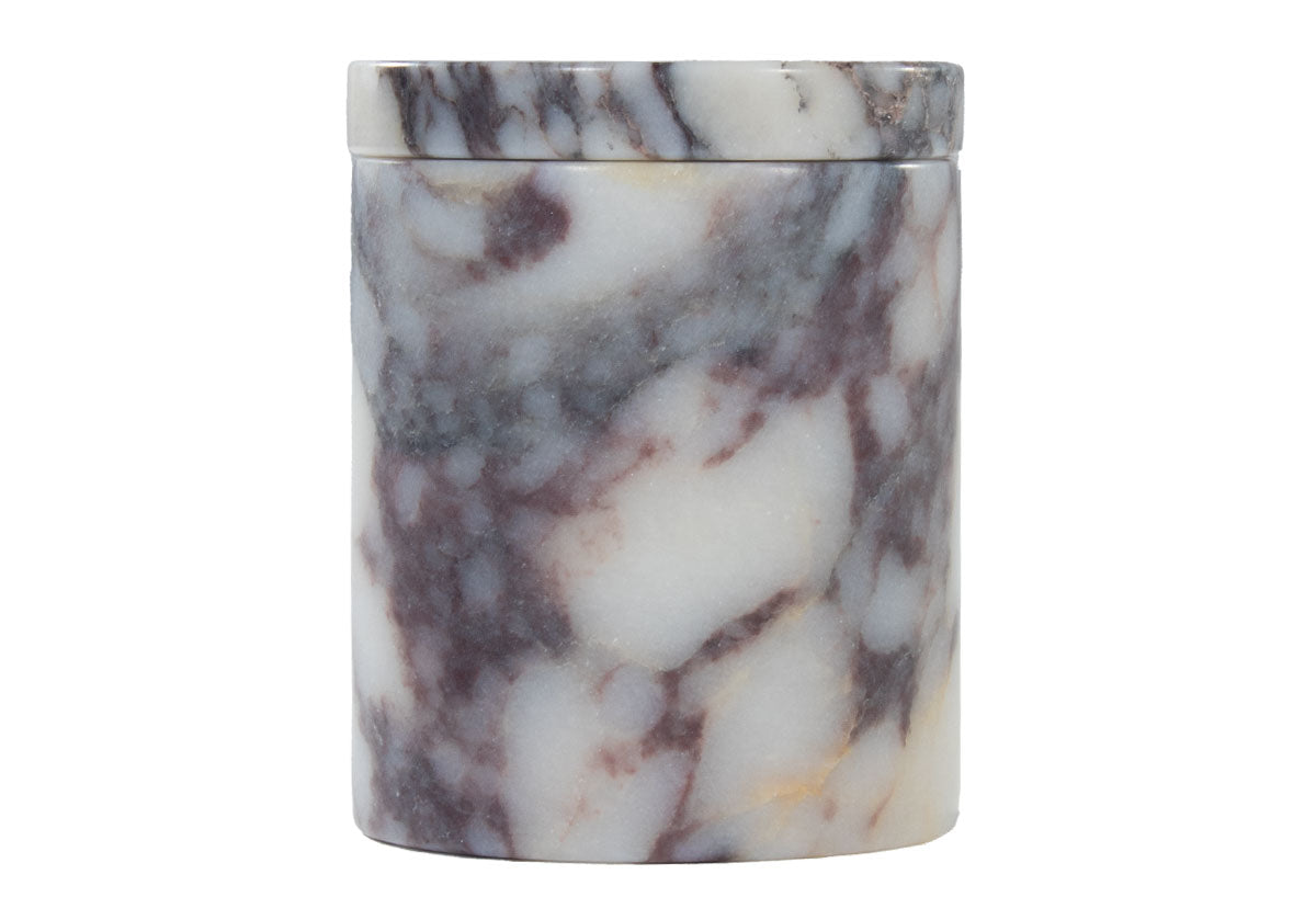 closed view of gemma marble container, made of calacatta viola with top on.