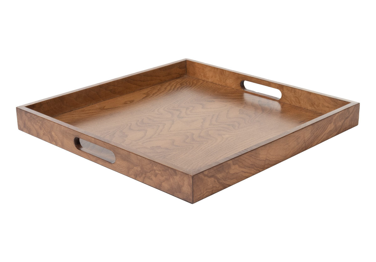 product photo of ash burled tray, shown from the side and top down. large square tray.