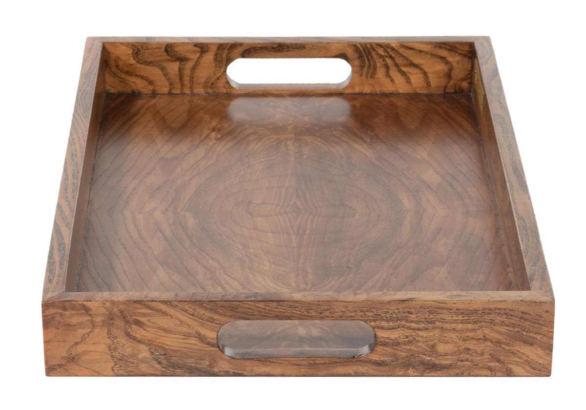 photo of small ash burled tray, square wooden decorative box.