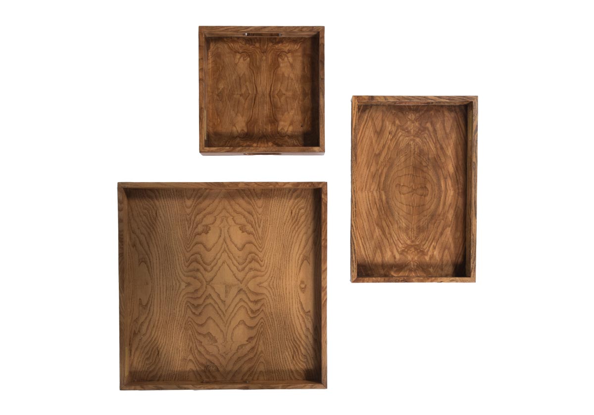 product photo of ash burled trays. small, large, and medium. Square and rectangular shaped burled boxes.