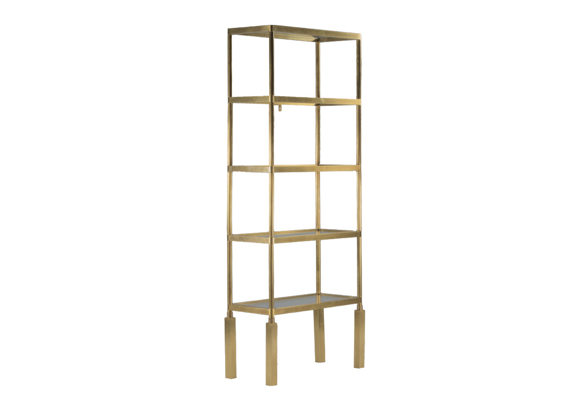 full scale photo of beatrice brass etagere, with glass shelves.