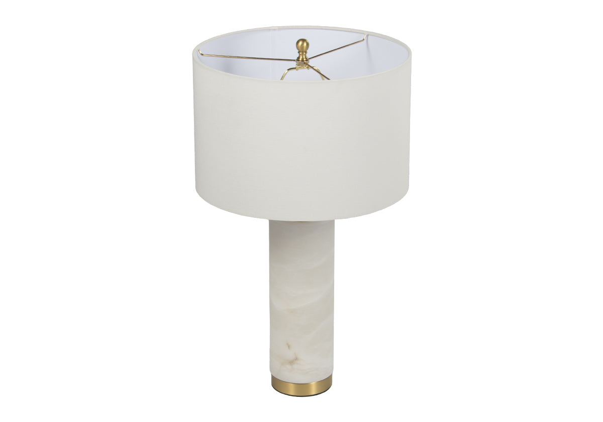 picture of white and gold lamp, facing downward towards lamp to view the entire thing.