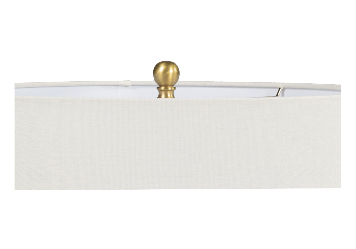 close up of lamp top with white shade and gold top.