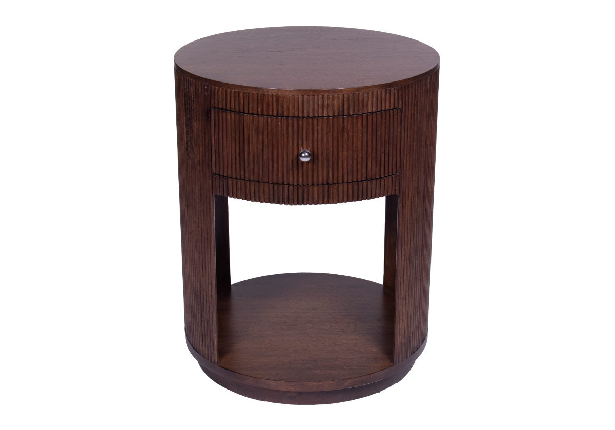 top down studio photo of the cleo nightstand with silver hardware.