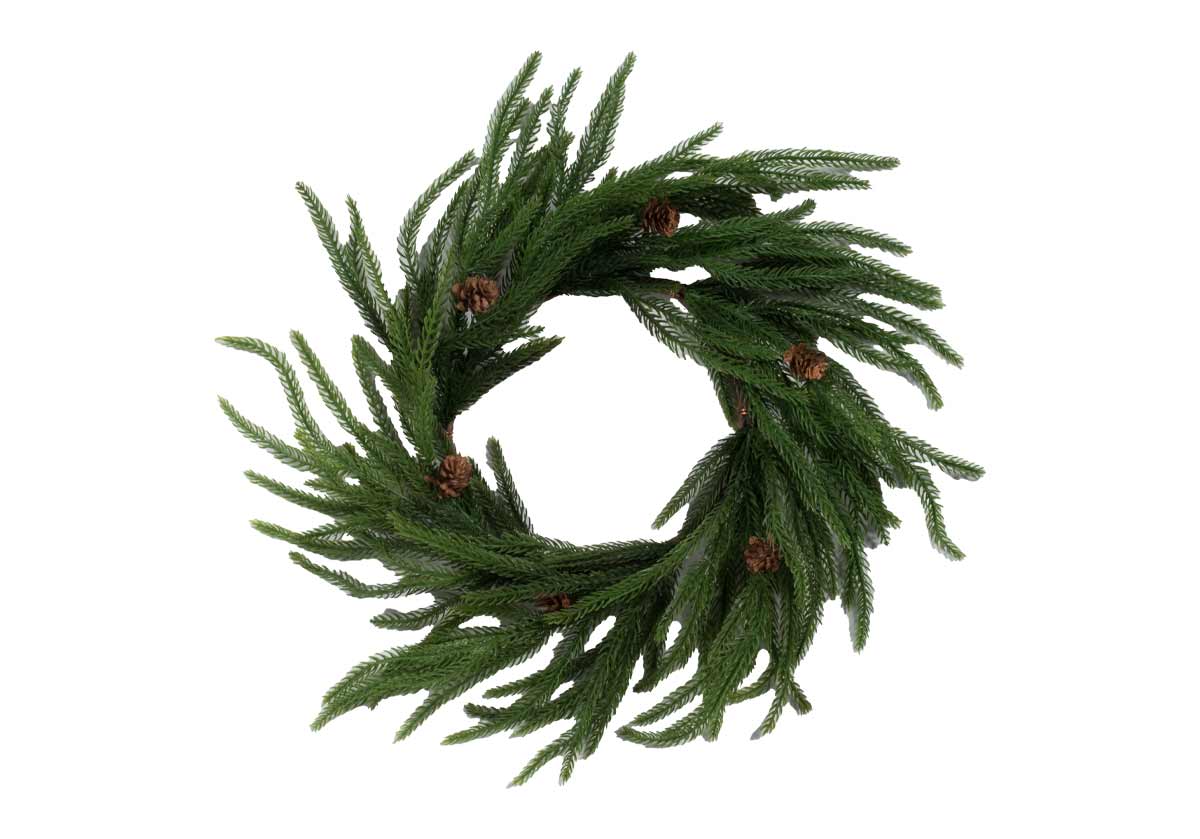 Petite and lifelike, this charming wreath features green pines with nestled small-scaled pinecones. Its tasteful design styles well on the back of chairs, diningscapes, and console tables for a tasteful, seasonal touch.
