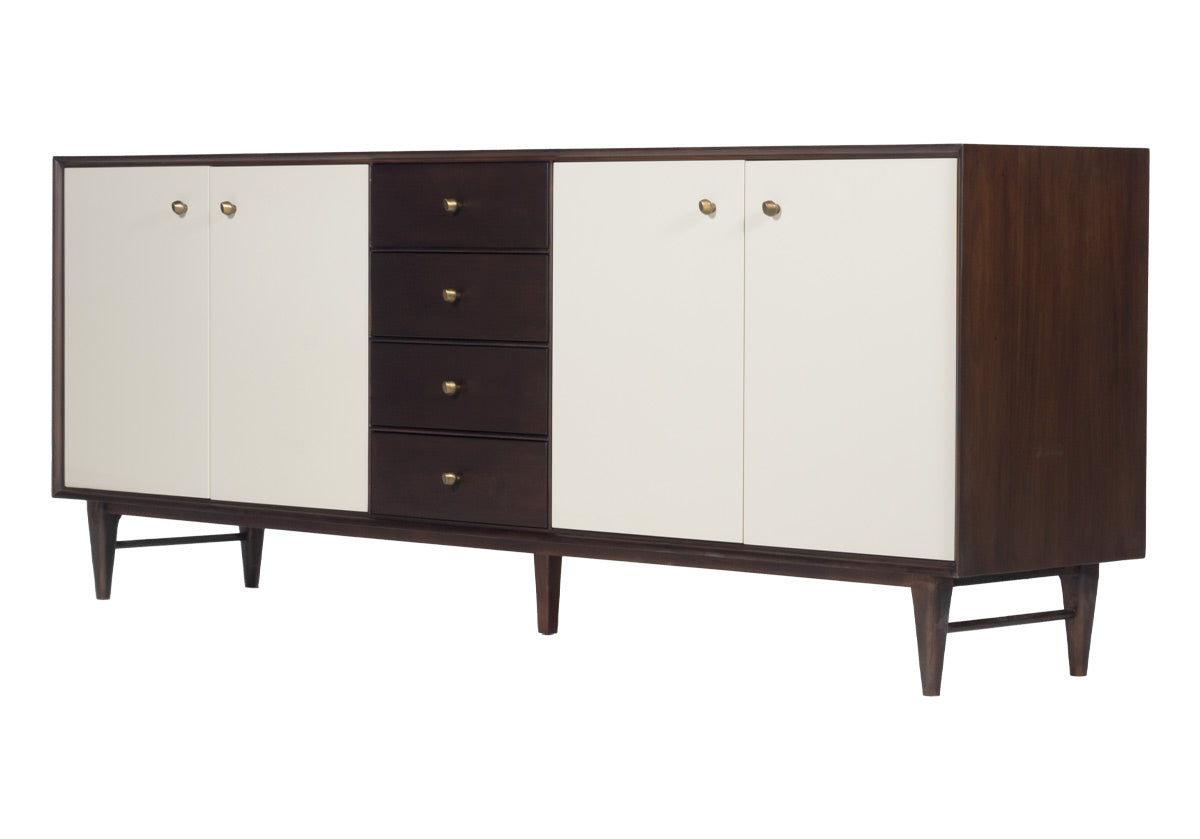 sideways product photo of frances sideboard, with bone white doors and dark mahogany wood.
