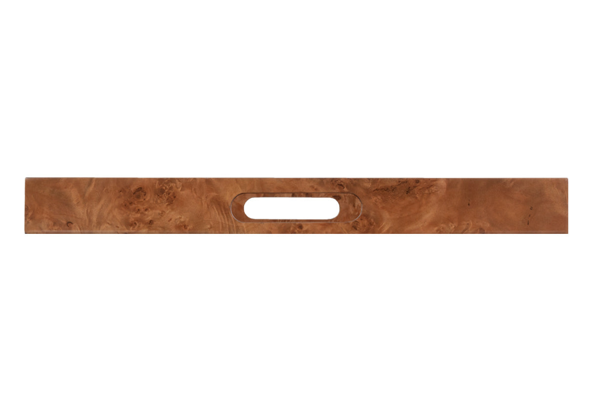 side shot of the large square burled tray from the side.