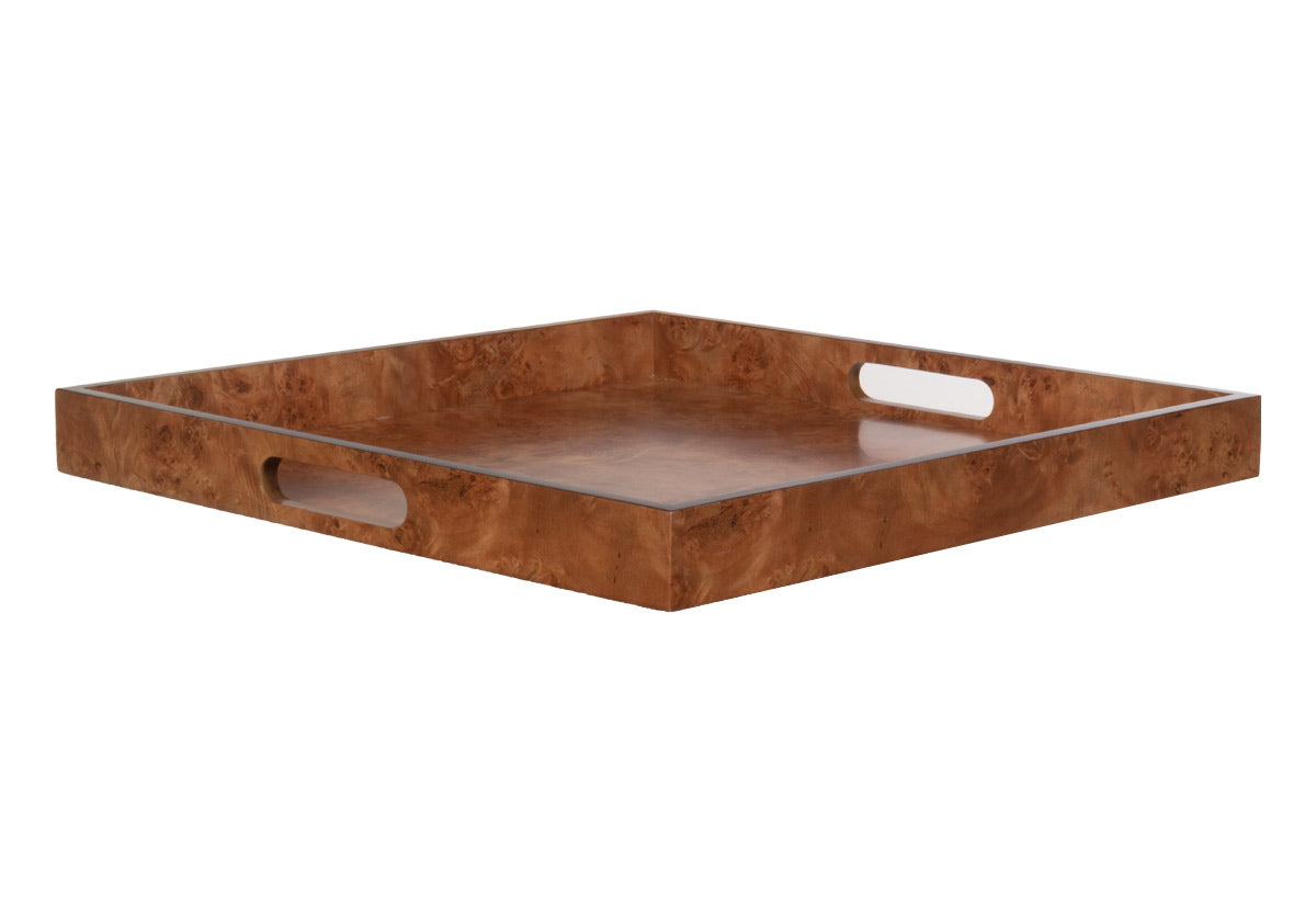 top down from the corner shot of the large square burled tray.