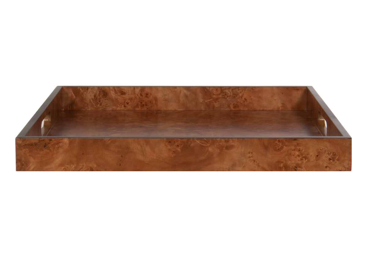 top down view of the large square burled tray.