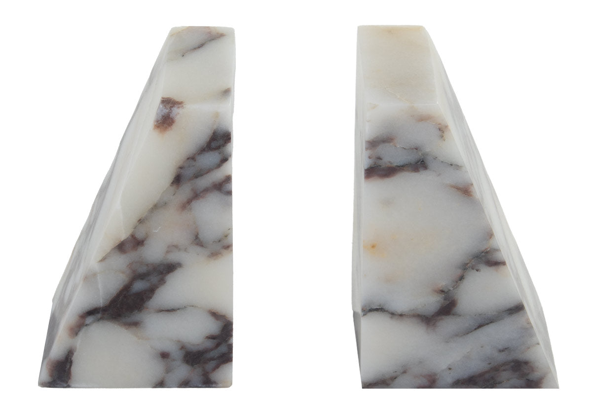 photo of marble bookends styled in calacatta viola marble.