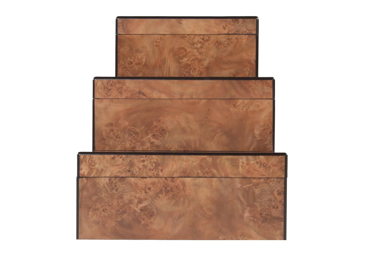 front facing photo of three matte burled boxes. small, medium, and large.
