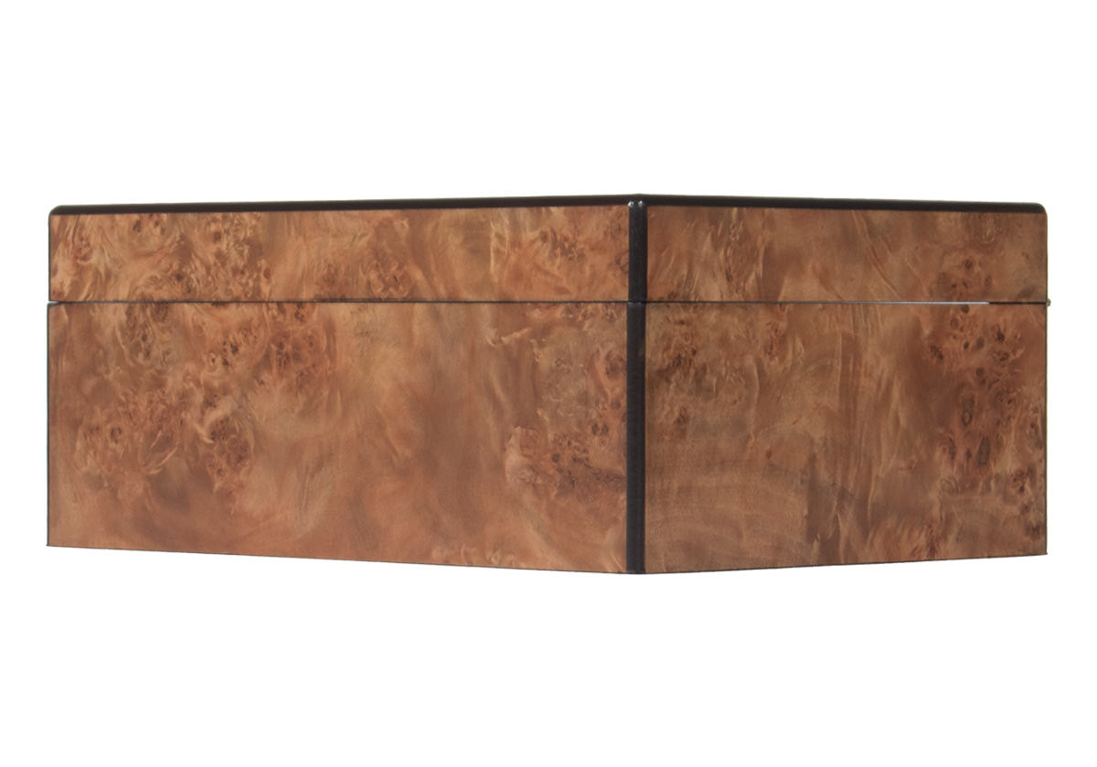 side photo of large burled box. decorative box.