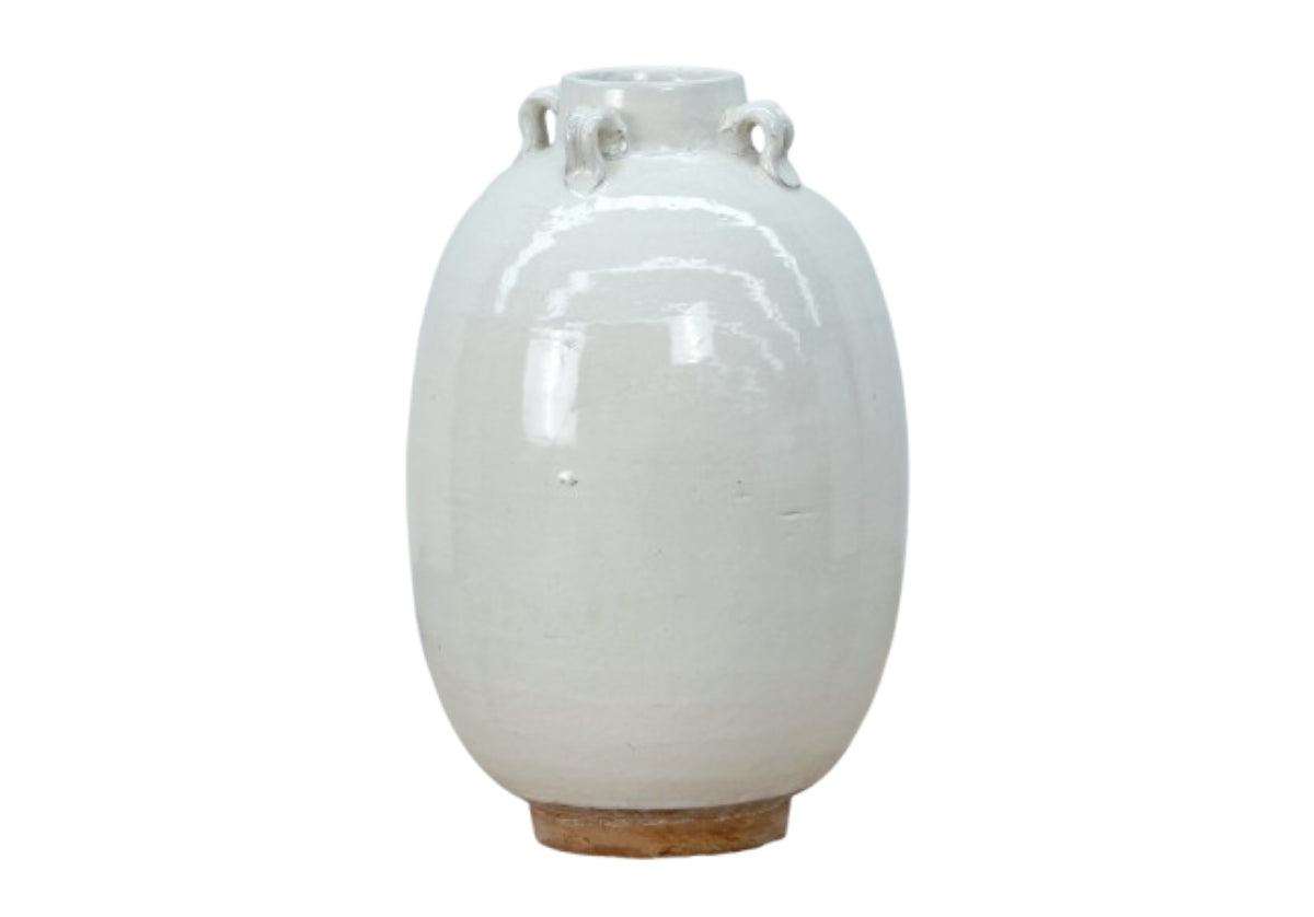 large white jar with small looped holders at top of jar and a brown colored base. luxury home decor.