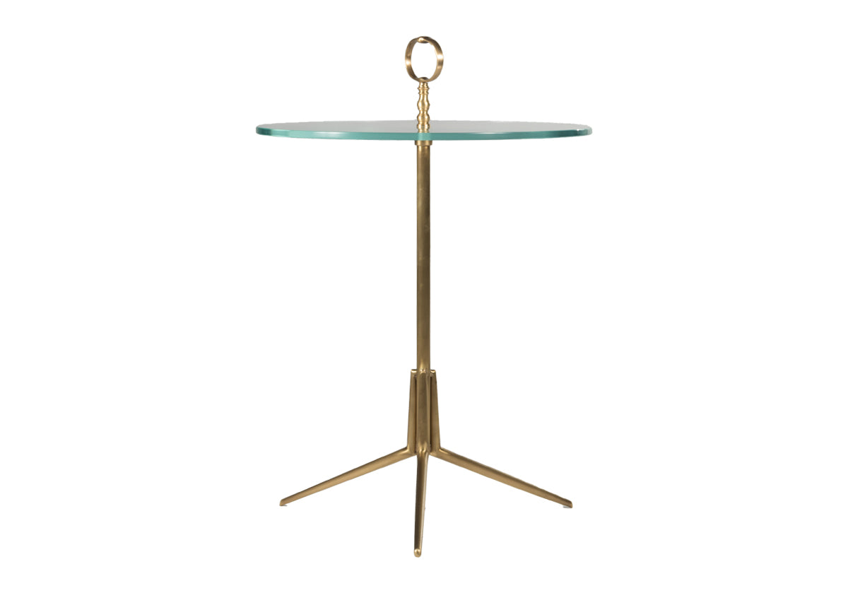 brass side table with round glass top and brass detail