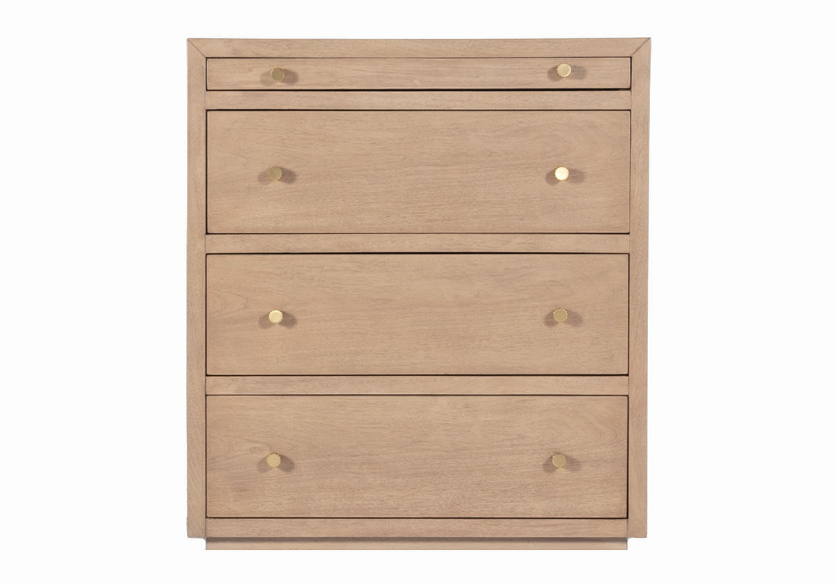 Scaled down for city living and smaller bedrooms, the Brooklyn showcases simple elegance with its square form complemented by three drawers and one slim drawer. Small, textured brass knobs further elevate its tasteful design, blending functionality with style. Its natural bleached Walnut wood displays beautifully in pairs around the bed, lending a refined touch. 