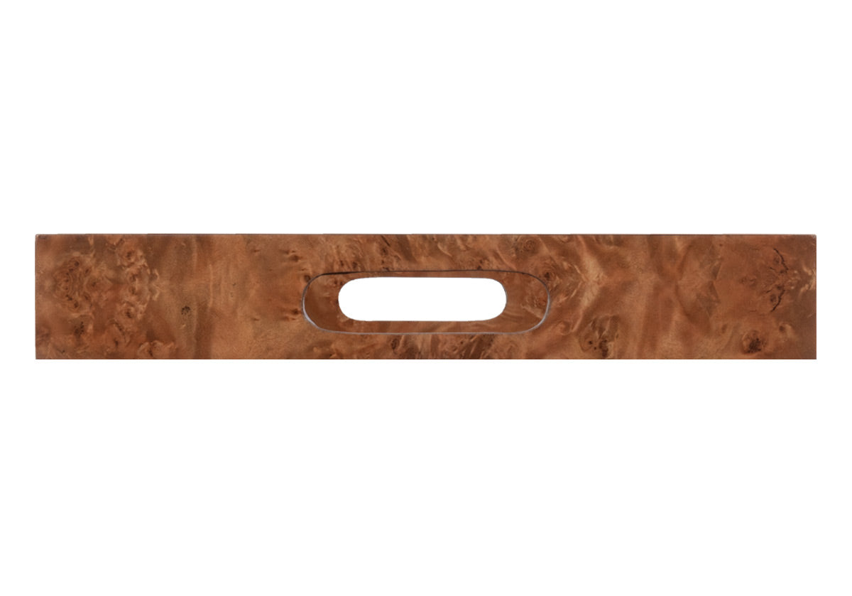 side view of the small rectangle shaped wood burled tray from the side.