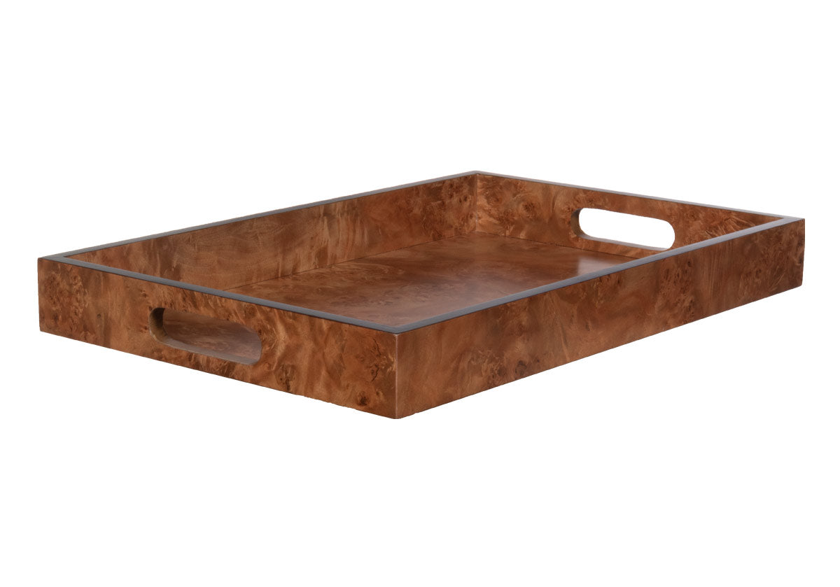 top view of small rectangle burled wood tray