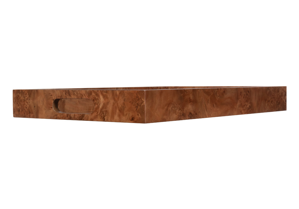 small rectangle burled wood tray see from the side on the corner.