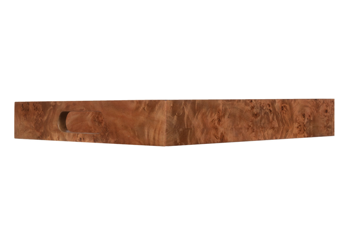 side shot from the bottom, up of the small square wood burled tray.