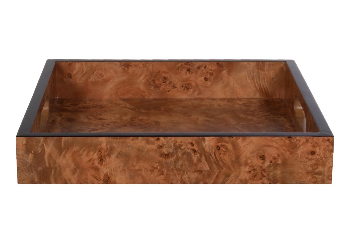 side top down view of the small square burled wood tray.