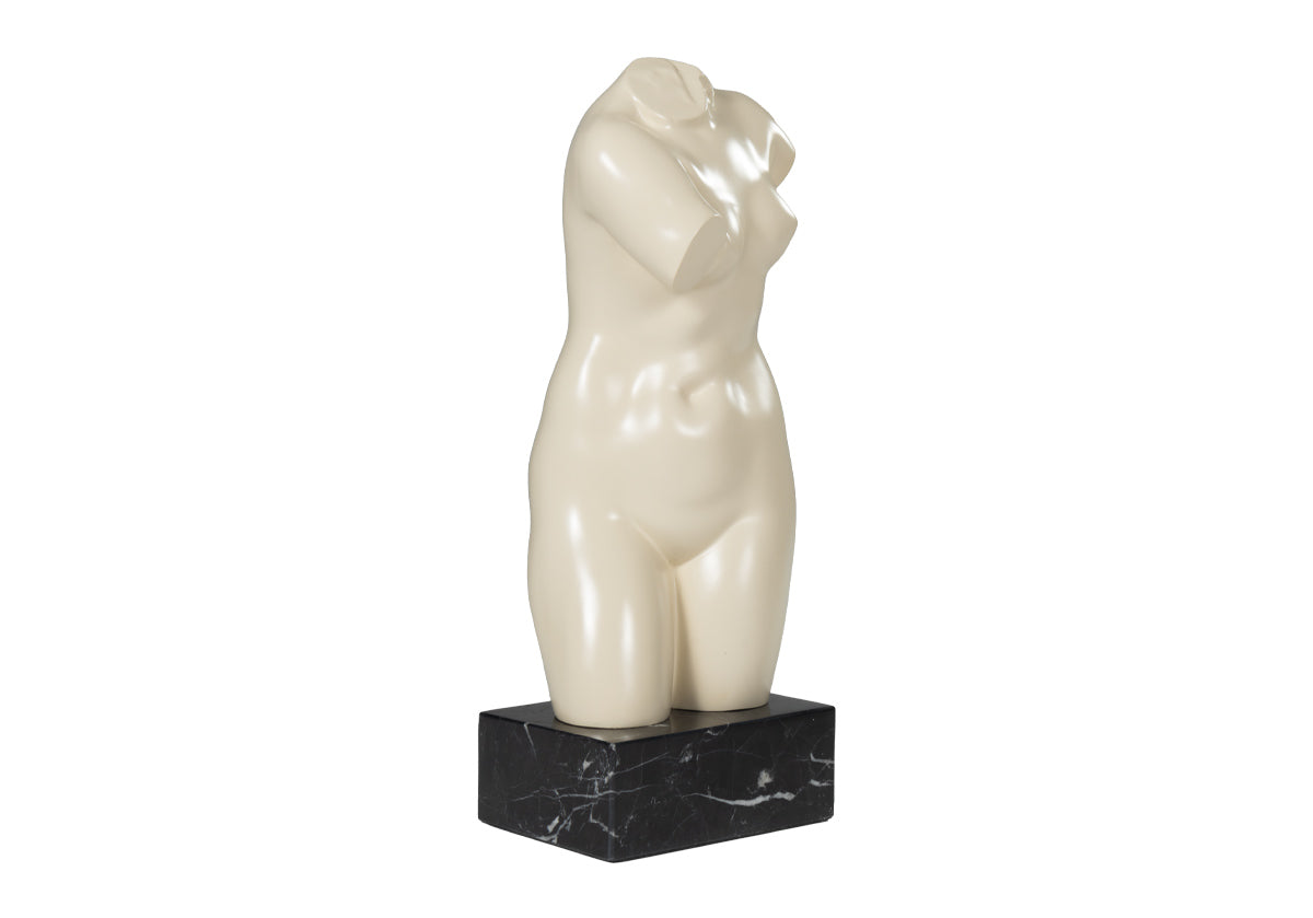 alice lane's venus sculpture. made with Nero Marquina marble base matched with natural, bone colored sculpture of venus, woman statue
