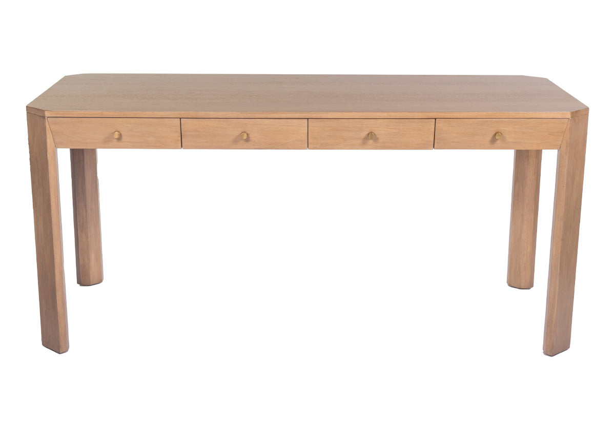 The Brooklyn Desk showcases a beautiful bleached walnut finish set on a walnut composite base. Its clean-lined from is subtly contrasted by angled drawers with petite bronze knobs for added dimension and sophistication. Easily style at the foot of a bed or in an office for an eye-catching design.