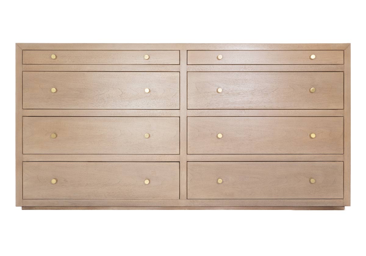 This dresser showcases simple elegance with its large square form complemented by six spacious drawers. Two extra slim drawers provide easy storage, stowing jewelry, electronics, and other small valuables. Round, textured brass knobs further elevate its tasteful design, blending functionality with style. Its natural, light Walnut wood displays beautifully in bedrooms, closets, or in the living room, lending a refined touch.