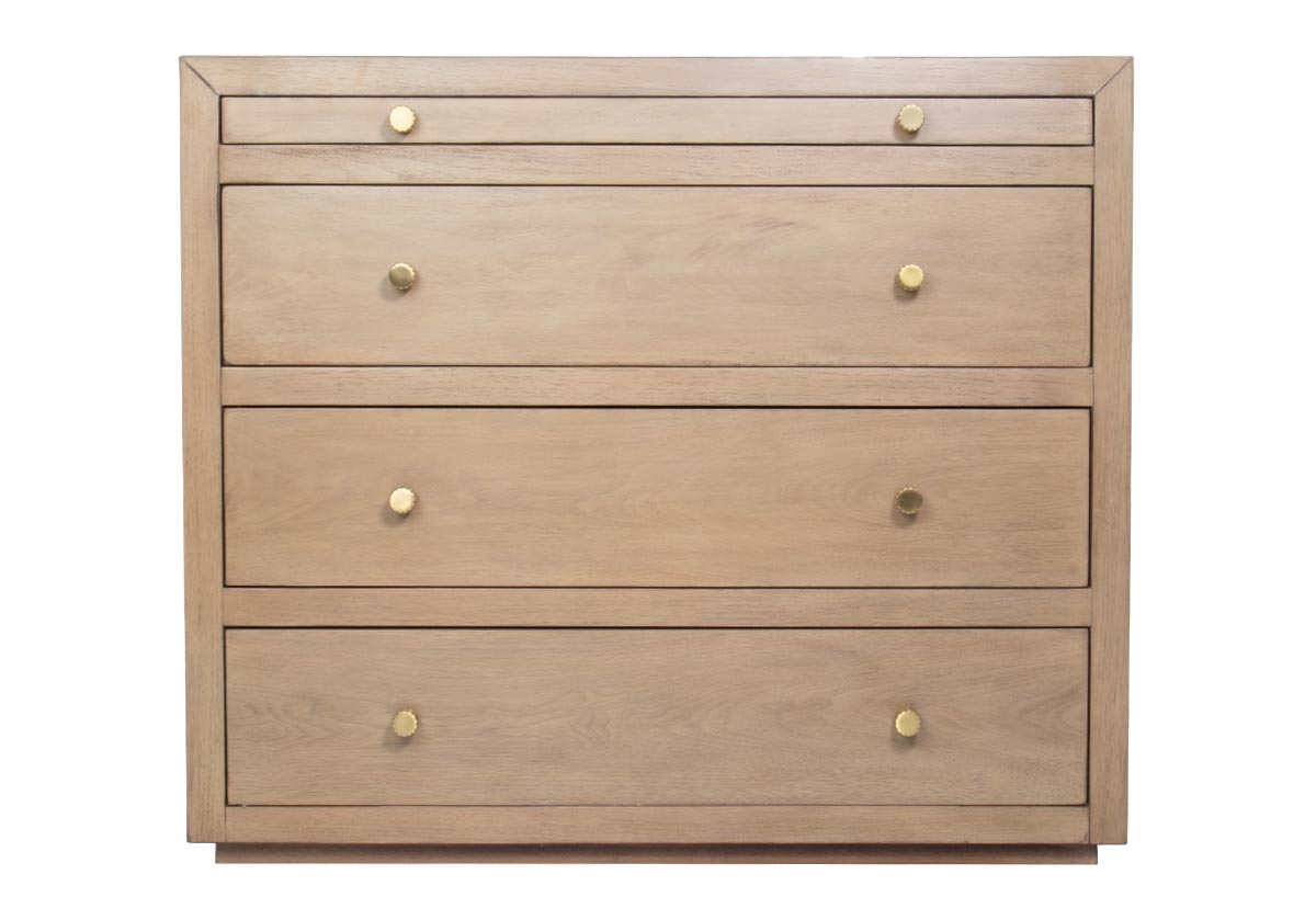 The Brooklyn Nightstand showcases simple elegance with its square form complemented by three ample drawers and one slim drawer. Small, textured brass knobs further elevate its tasteful design, blending functionality with style. Its natural, light Walnut wood displays beautifully in pairs around the bed, lending a refined touch.