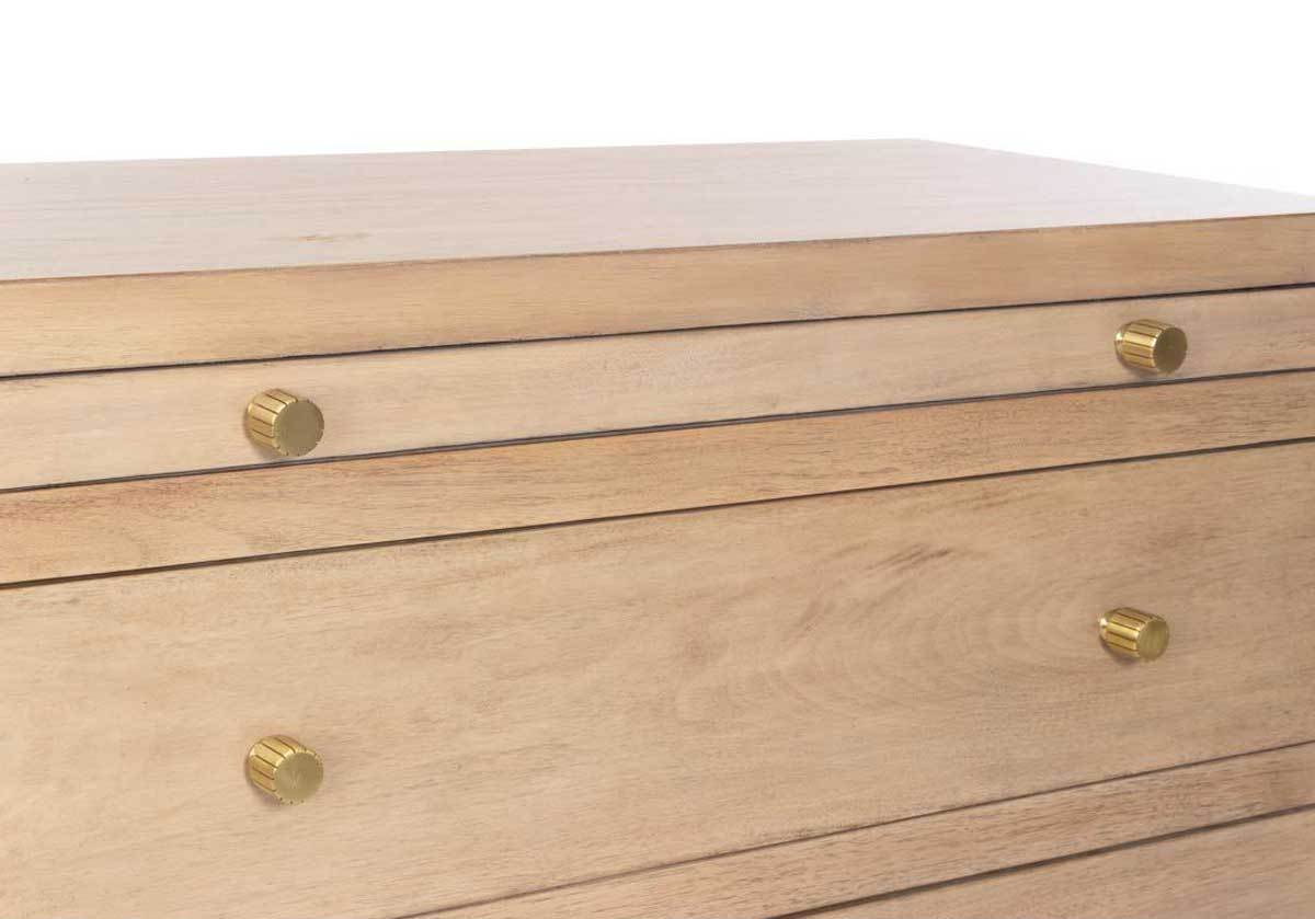 close up of the brooklyn nightstand with gold knobs.