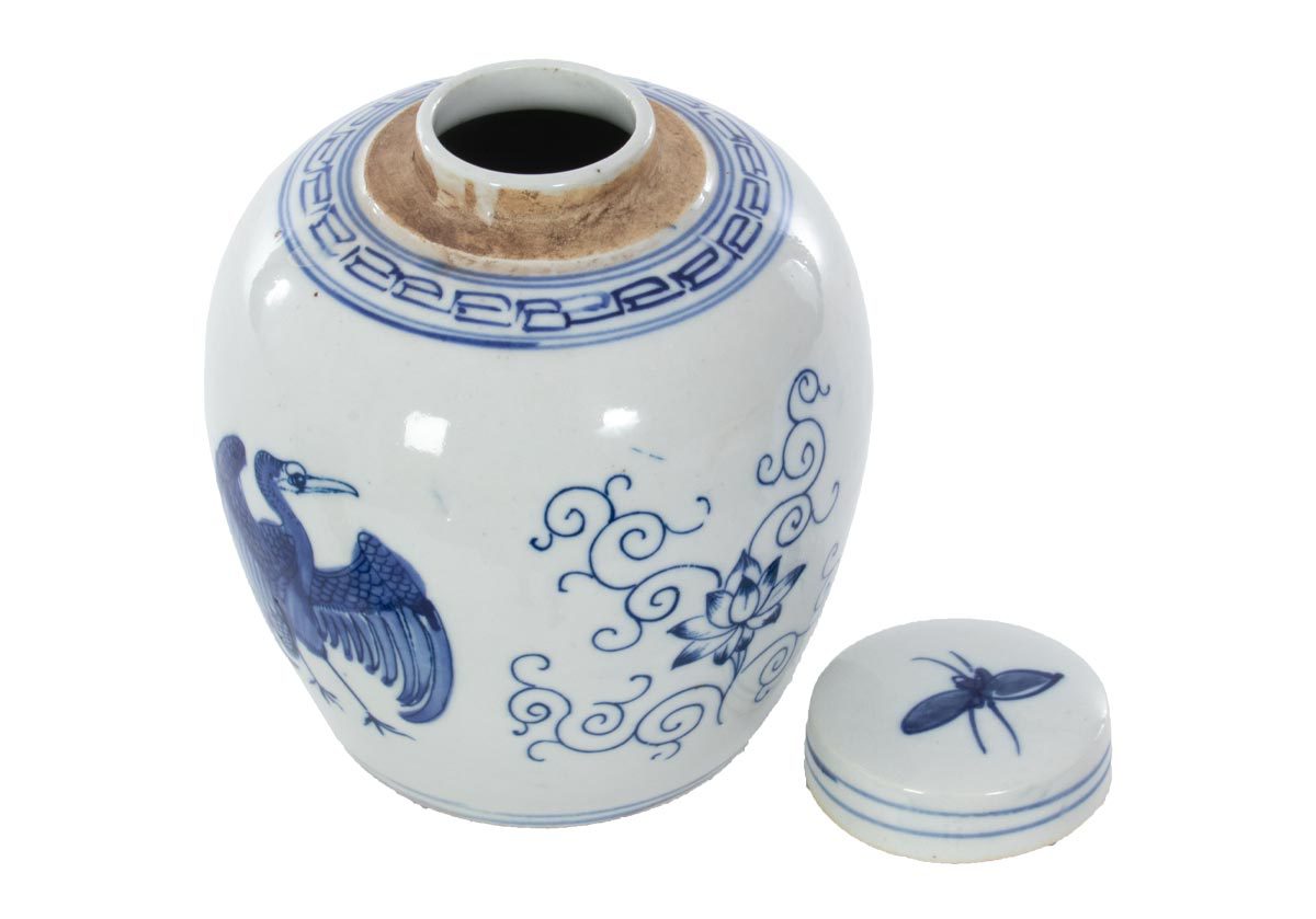 medium crane jar with lid off studio photo.
