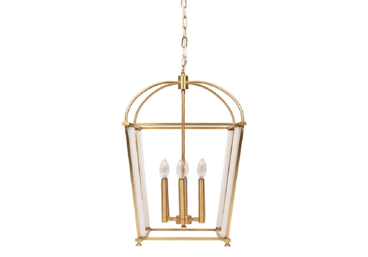 This tasteful lantern lends a simple elegance with its airy brass frame, thin, rounded alabaster accent, six candlestick lights, and a hanging, adjustable chain. Its beautiful form features an exciting mix of straight and curved lines, for an added touch of sophistication. 