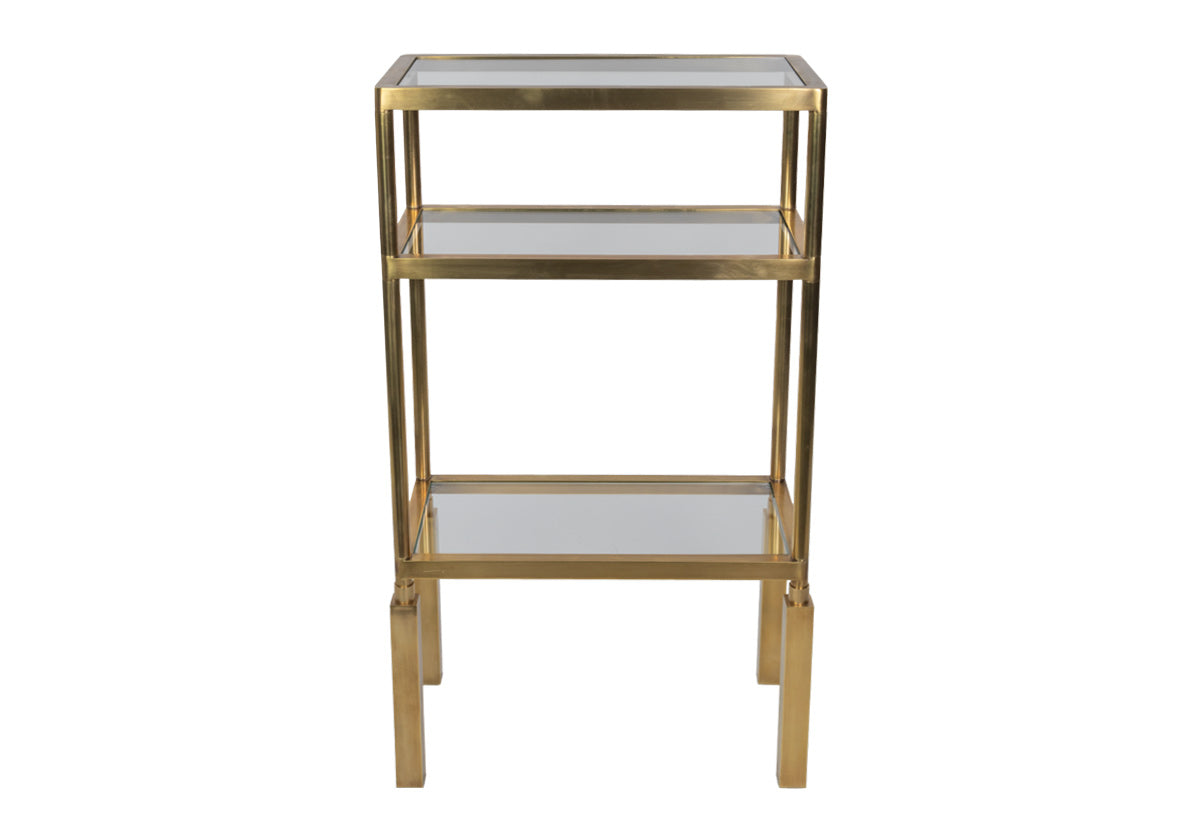 top down facing photo of the beatrice brass etagere with glass shelves.