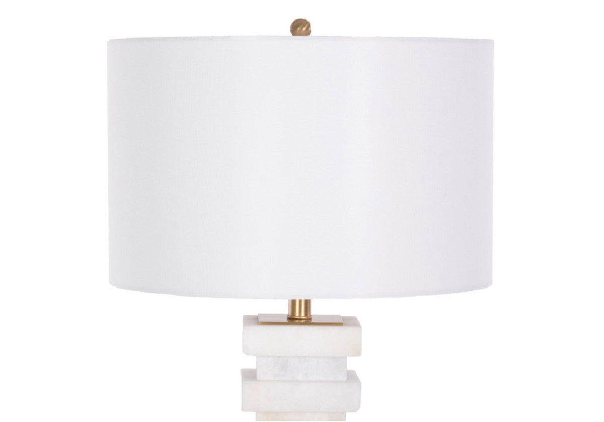 close up of chester lamp shade. all white and gold hardware.