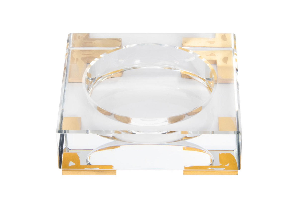 top down photo of the crystal diffuser dish with gold markings.