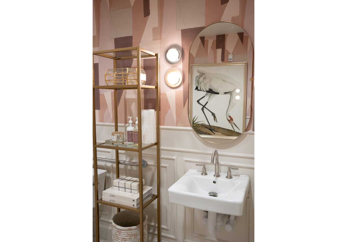 domino plaid box on an etagere on a bathroom.