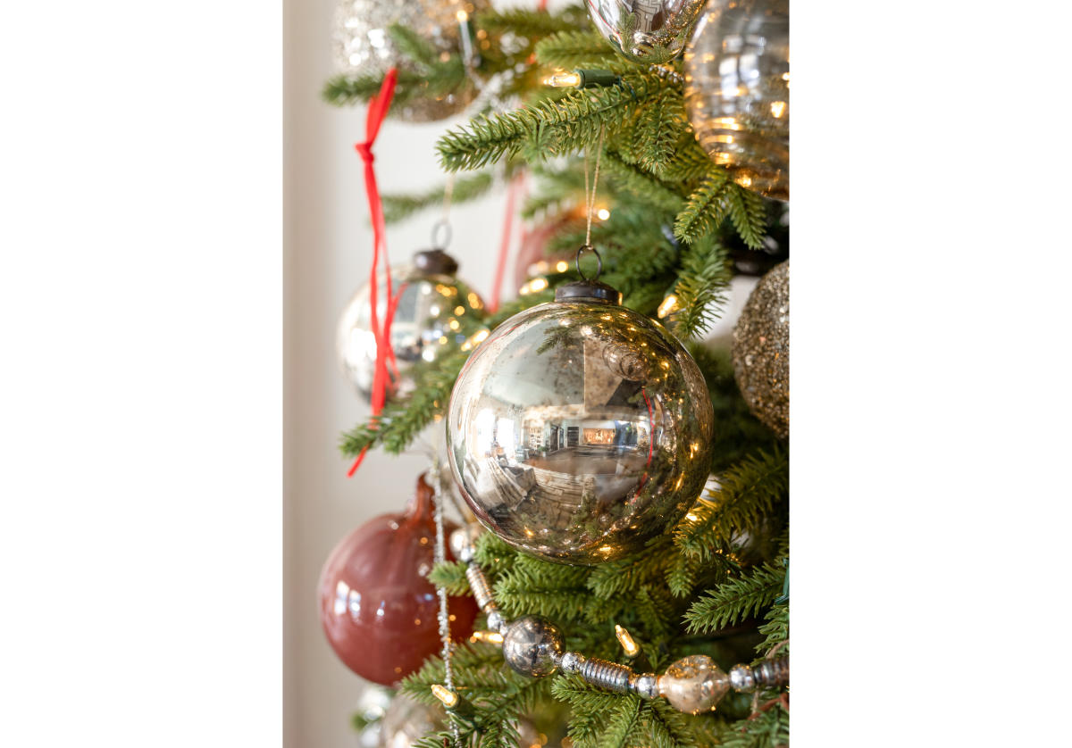 AGED SHINY SILVER GLASS BALL ORNAMENT