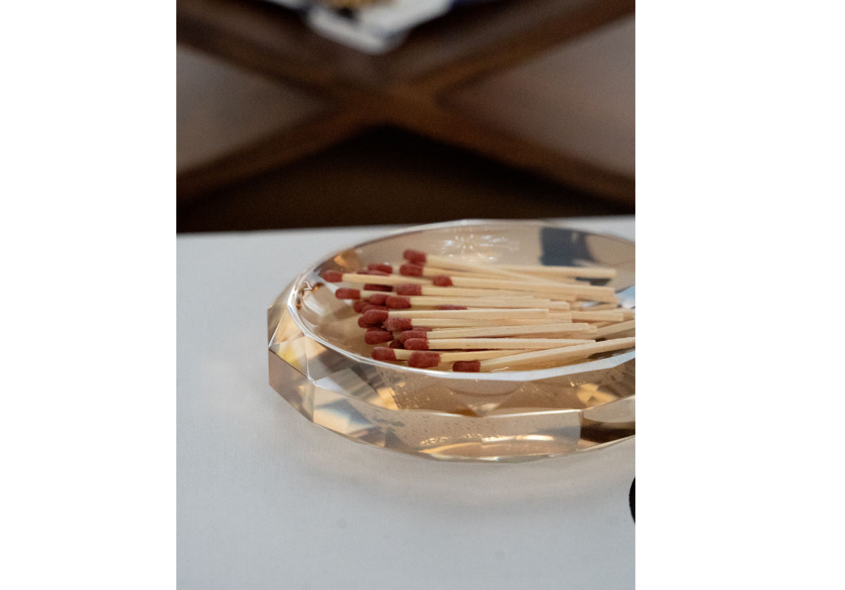 matches sitting inside of the amber crystal  dish