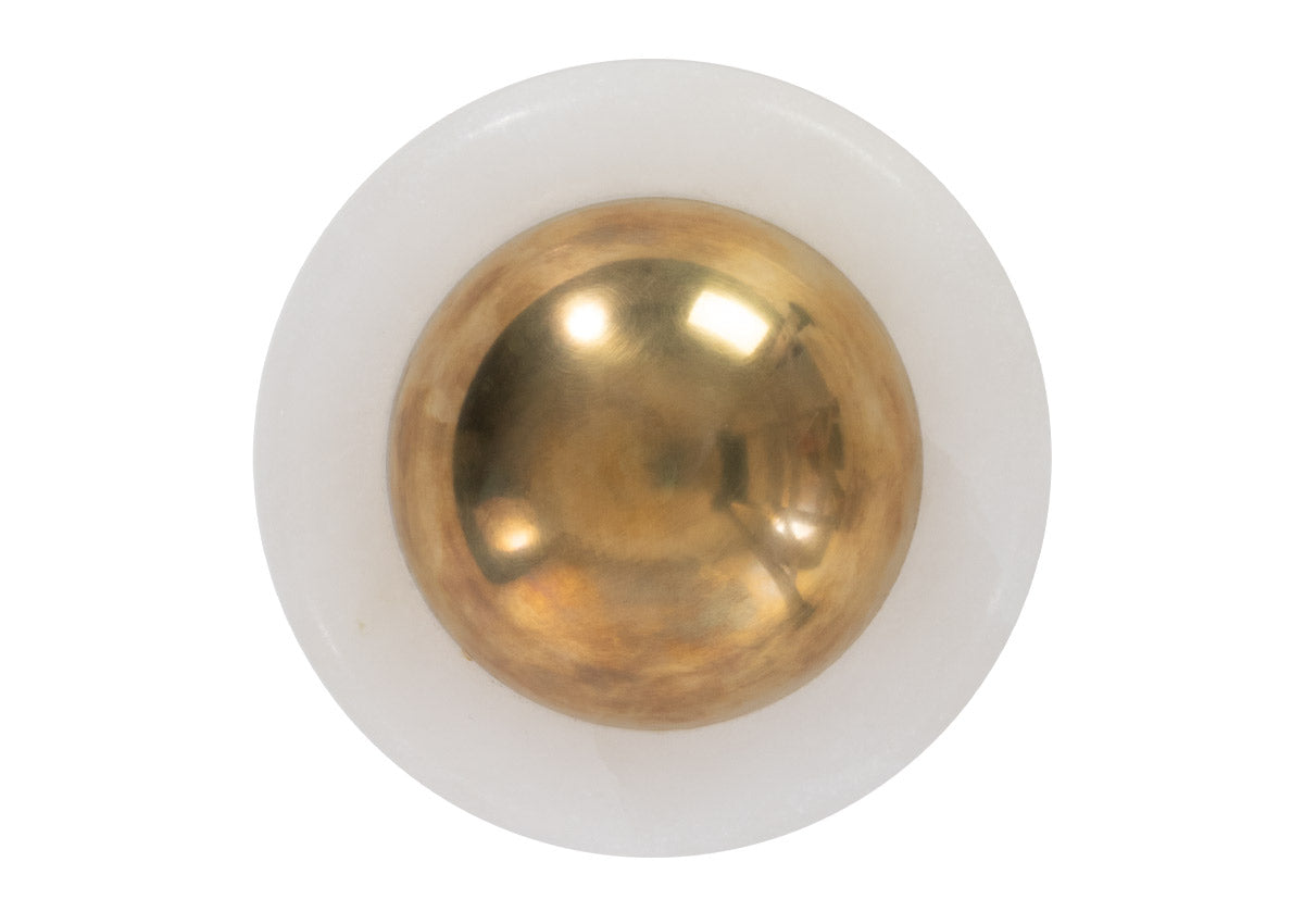 product picture of the ace sconce. gold center with white glass outer frame. 