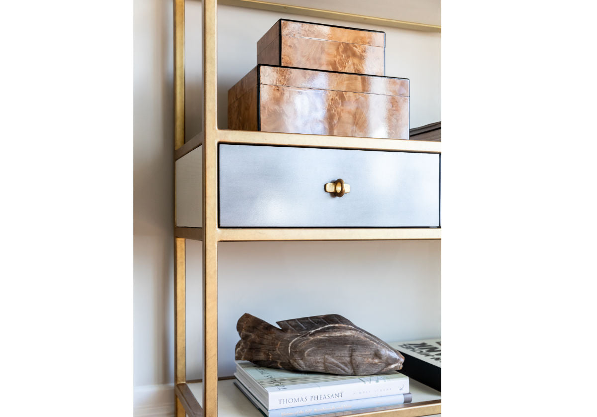 albert etagere with burled boxes and gray drawer 