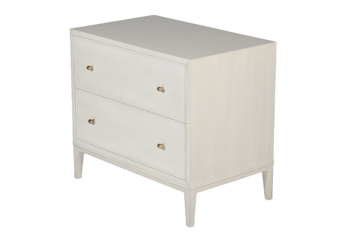 top, down view of the ava nightstand with gold dresser knobs. it's white glaze makes it a pretty dresser. 