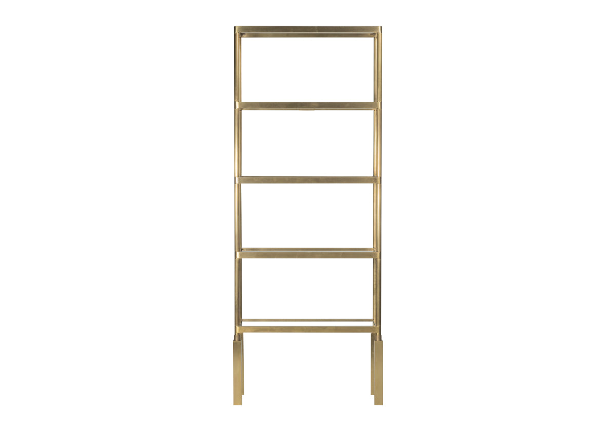 This contemporary shelving unit features a sleek brass frame and clear glass shelves. Its minimalist design and versatile storage options make it a perfect addition to any modern living space.