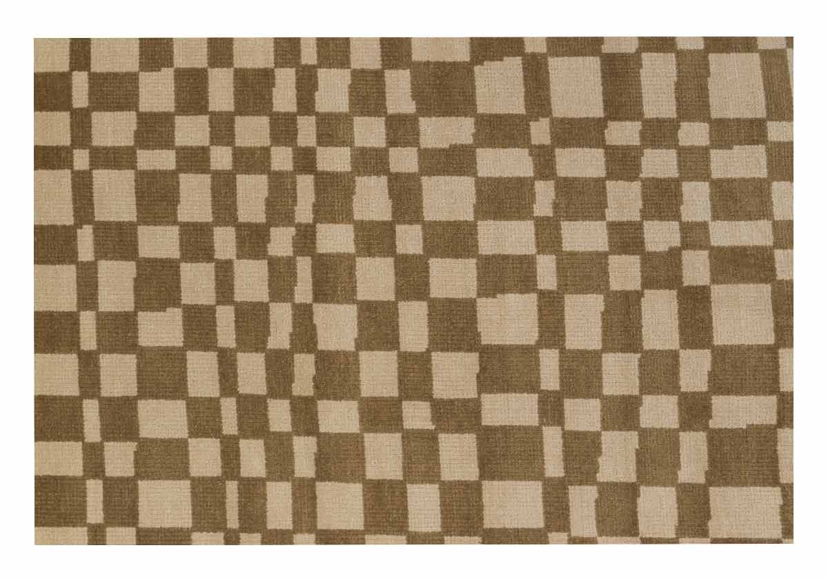 close up of taupe chess rug. checkered tan and brown pattern. 