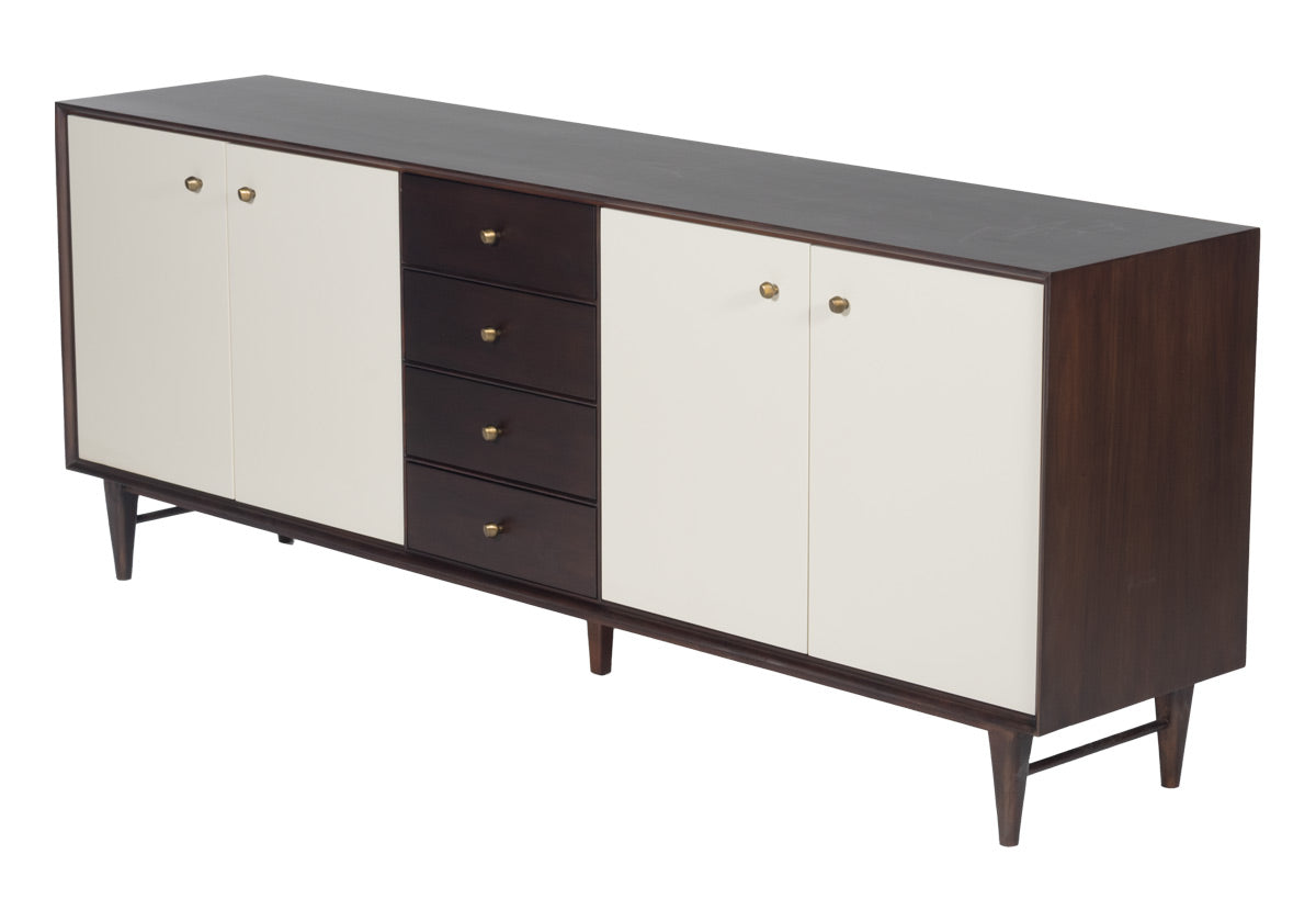 sideways product photo of frances sideboard. with white bone doors  against the dark mahogany wood.