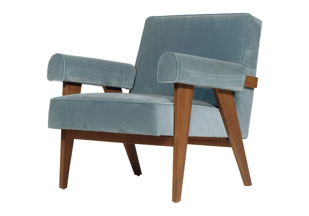 a walnut-stained chair for living room complemented by comfortable Capri Blue faux mohair upholstery